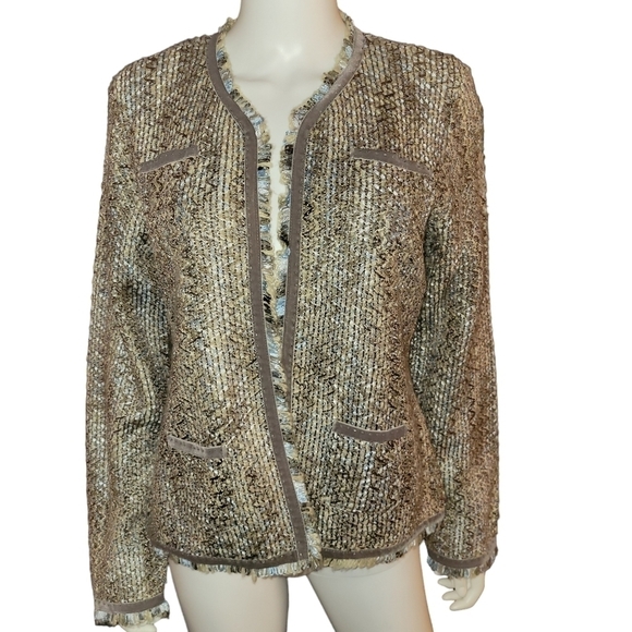 Liz Claiborne Studio Jacket Weaved L Brown Tan Blue - Picture 1 of 4